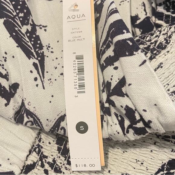 AQUA Linen Blend Smocked Tiered V Neck Ling Sleeve Blue Print Dress NWT Small - Picture 10 of 11